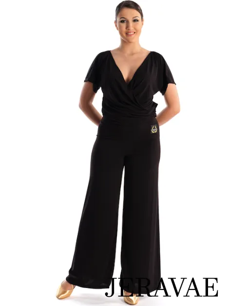 Victoria Blitz Gioiosa Black One Piece Ballroom or Latin Jumpsuit with V-Neckline, Wrap-around Top, Short Sleeves, and Wide Leg PRA 729 in Stock