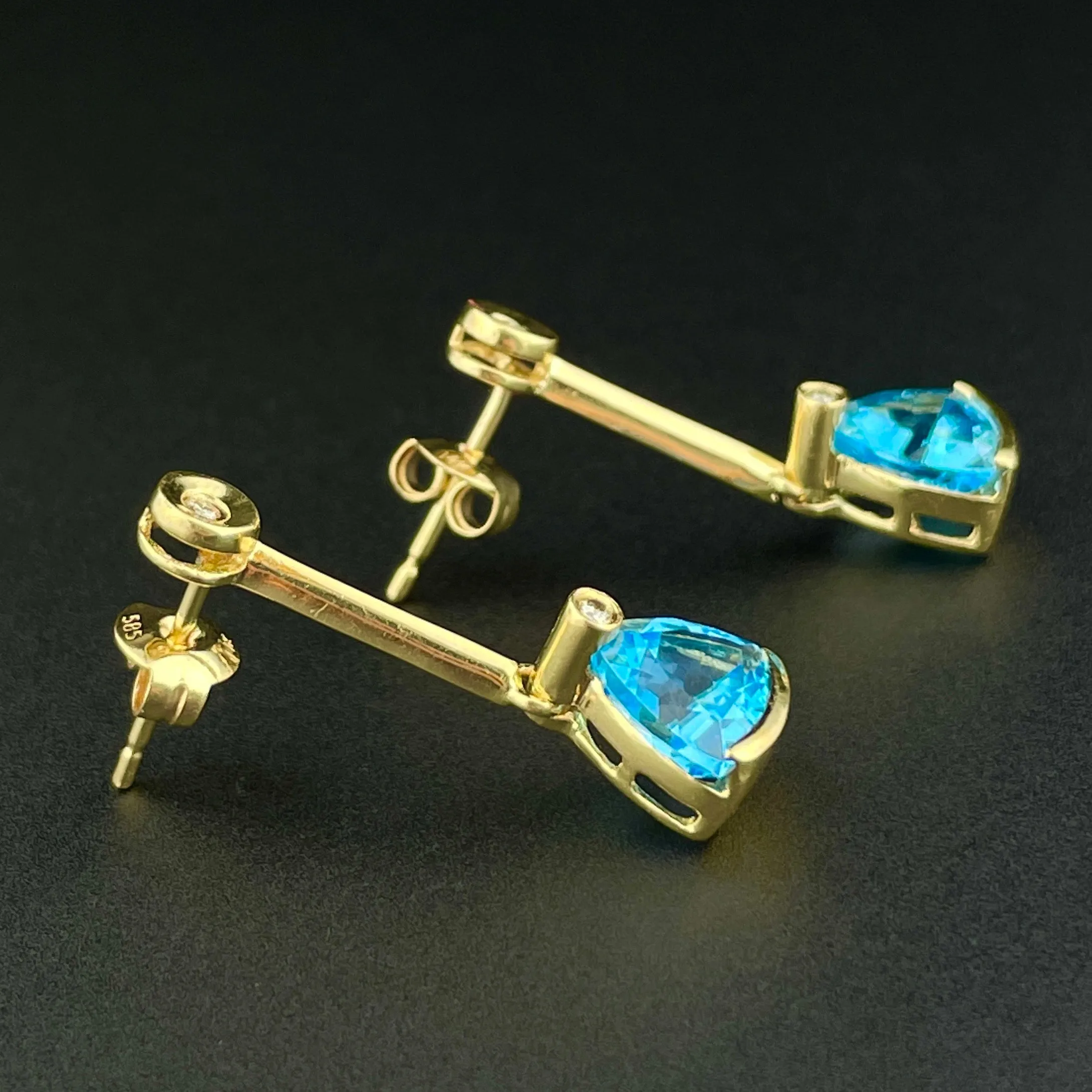 Vintage 14K Gold Diamond Stud Blue Topaz Drop Earrings