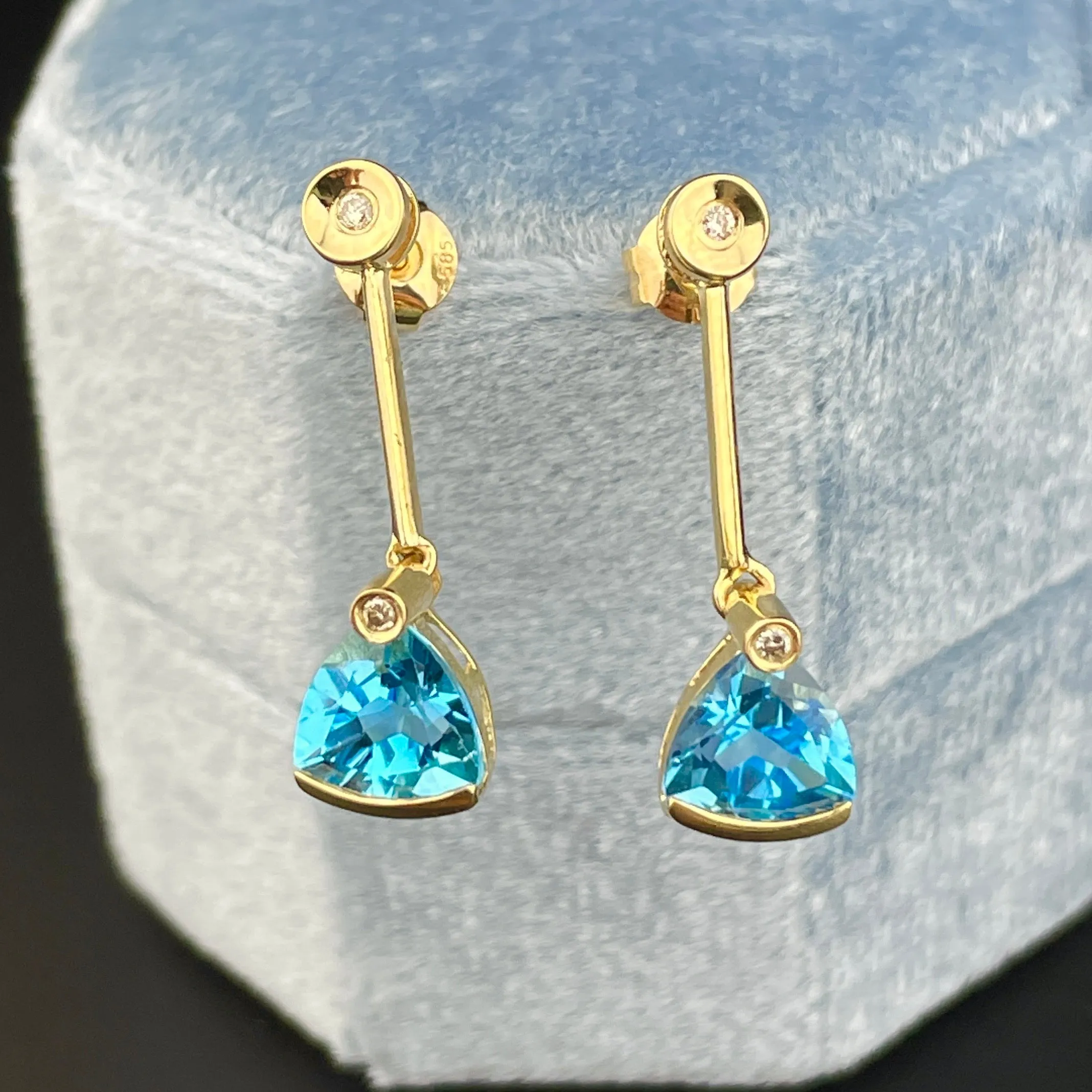 Vintage 14K Gold Diamond Stud Blue Topaz Drop Earrings