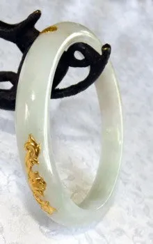 Vintage Old Mine Lao Pit White Jadeite Jade with 24K Gold Lotus Inset Bangle Bracelet 58mm  (BB2222)