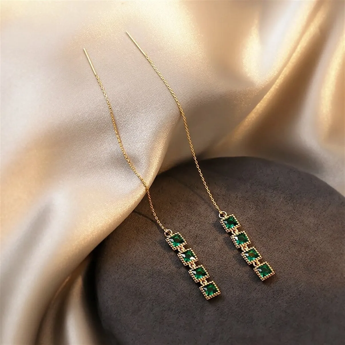 Vintage Square Emerald Green Crystal Tassel Drop Earrings