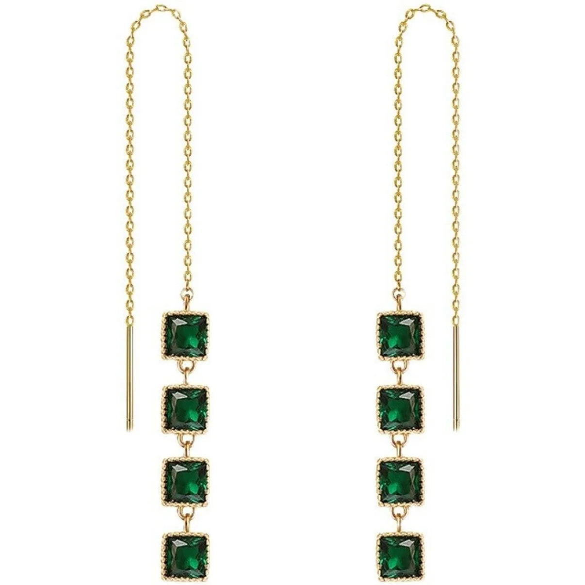 Vintage Square Emerald Green Crystal Tassel Drop Earrings