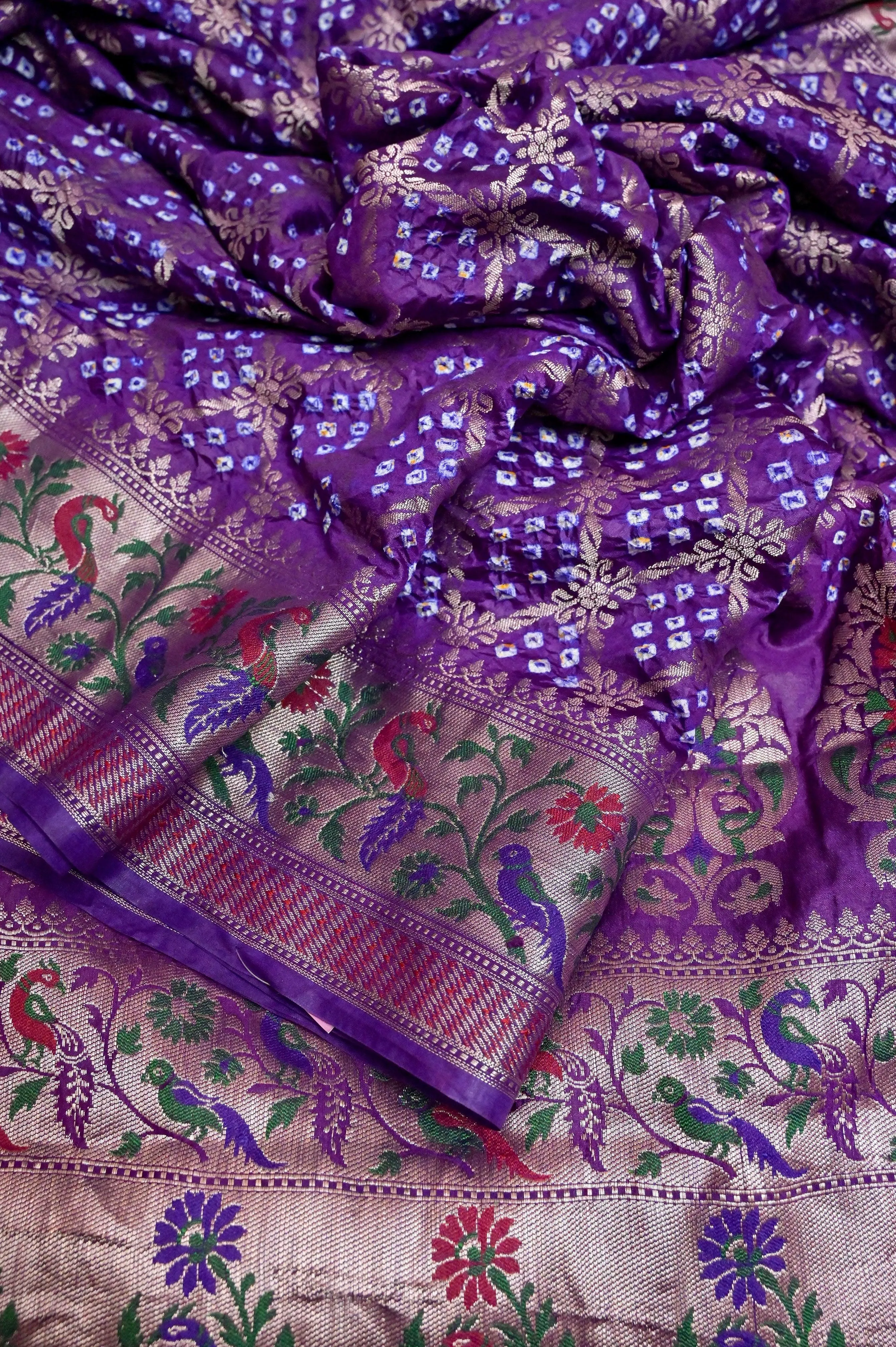 Violet Color Dupion Silk Saree with Paithani Design & Hand Bandhani Work