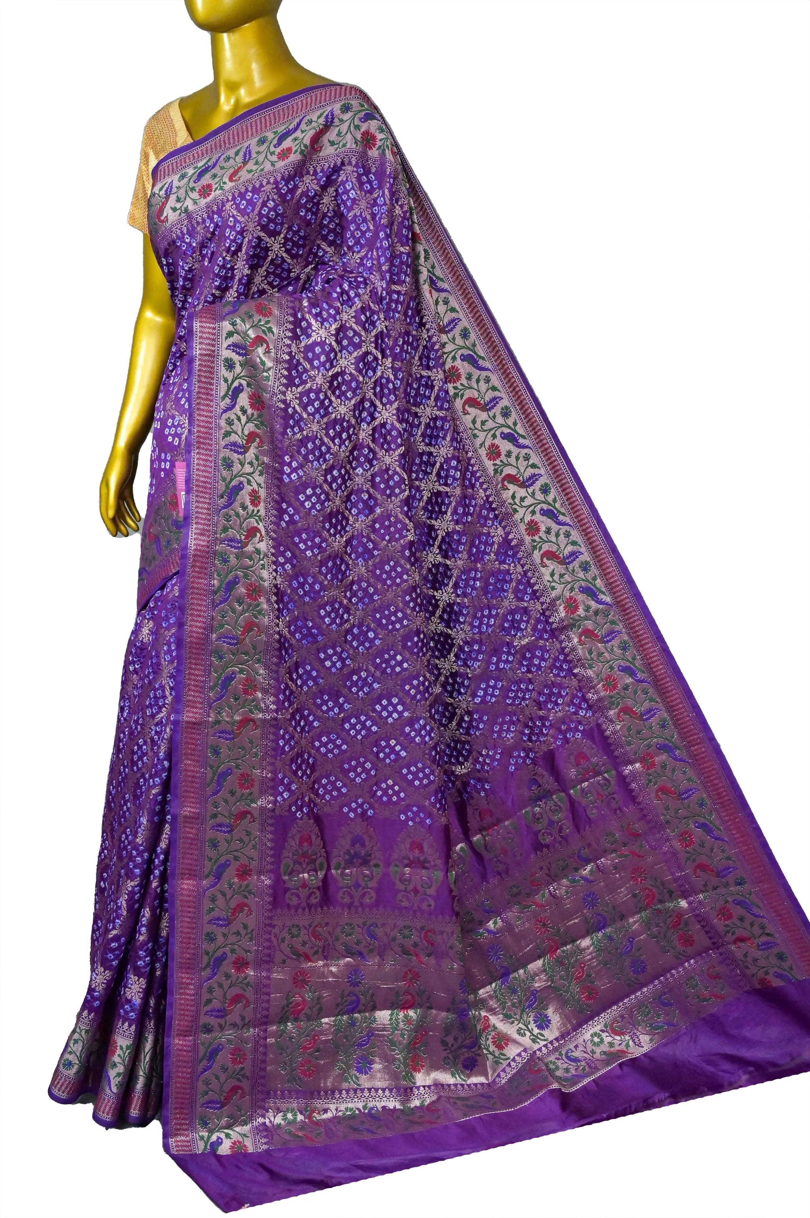 Violet Color Dupion Silk Saree with Paithani Design & Hand Bandhani Work