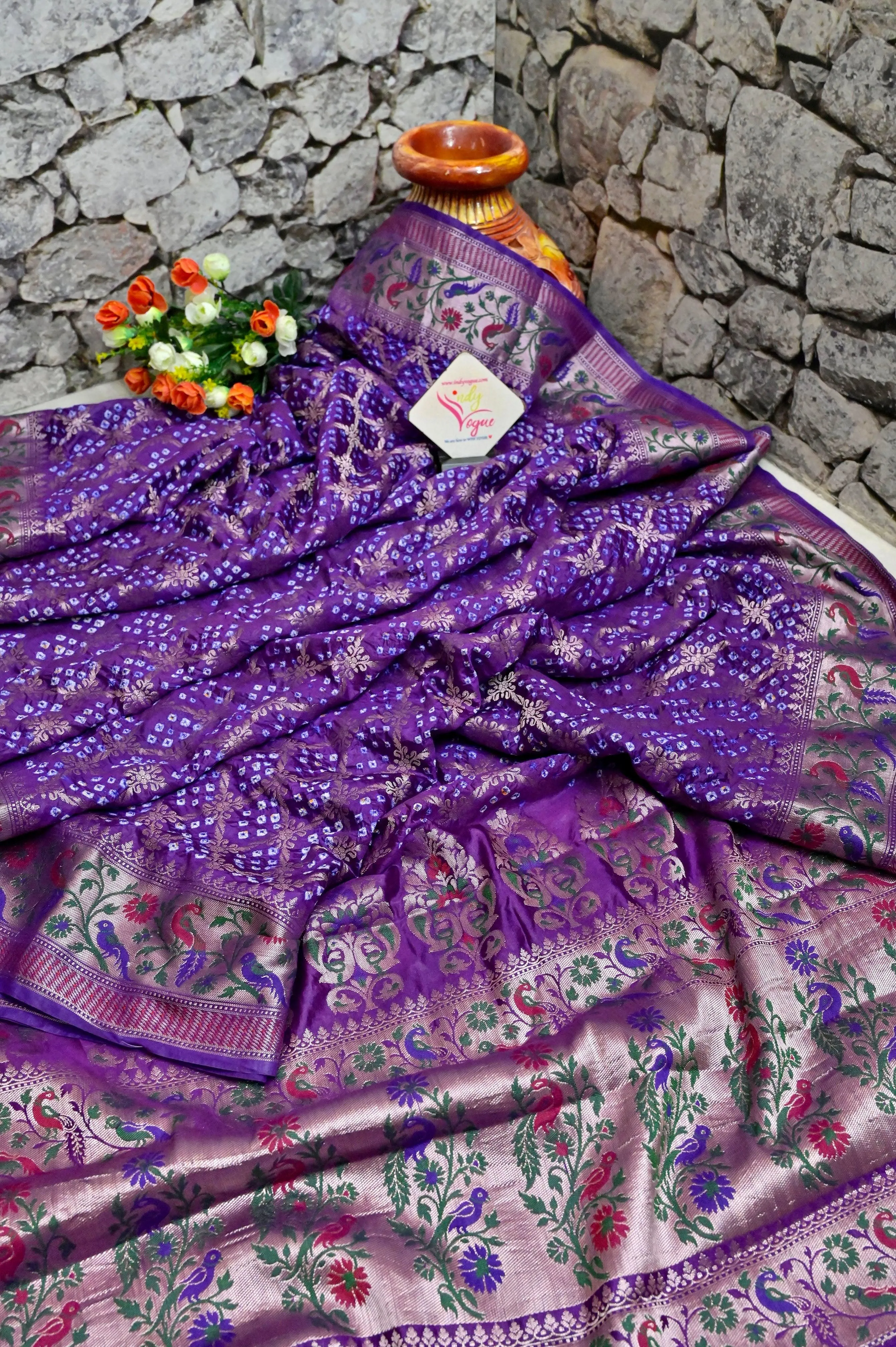 Violet Color Dupion Silk Saree with Paithani Design & Hand Bandhani Work