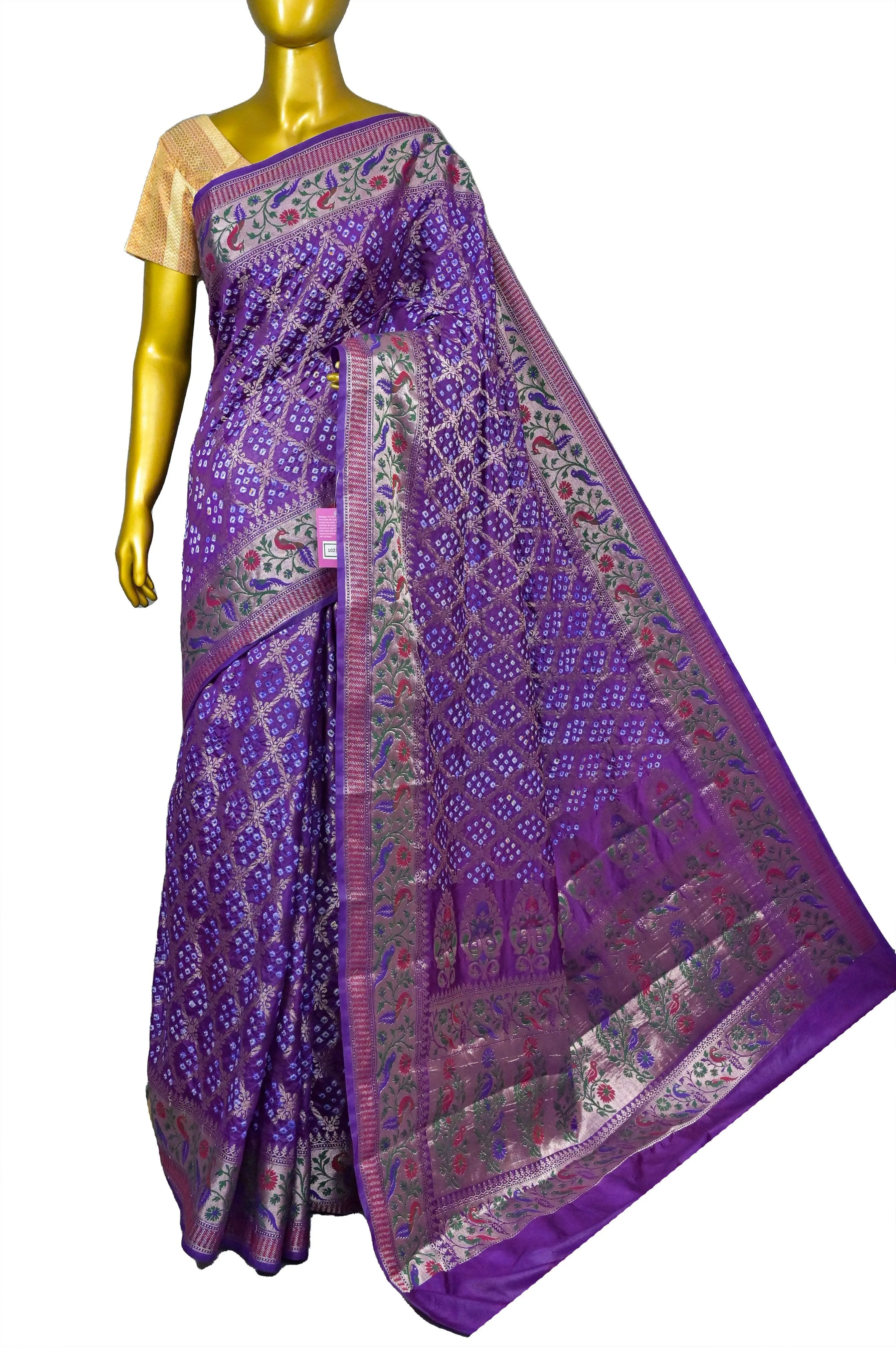 Violet Color Dupion Silk Saree with Paithani Design & Hand Bandhani Work