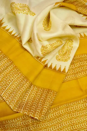 White and Yellow Color Pure Bishnupur Silk Saree with Block Print Work