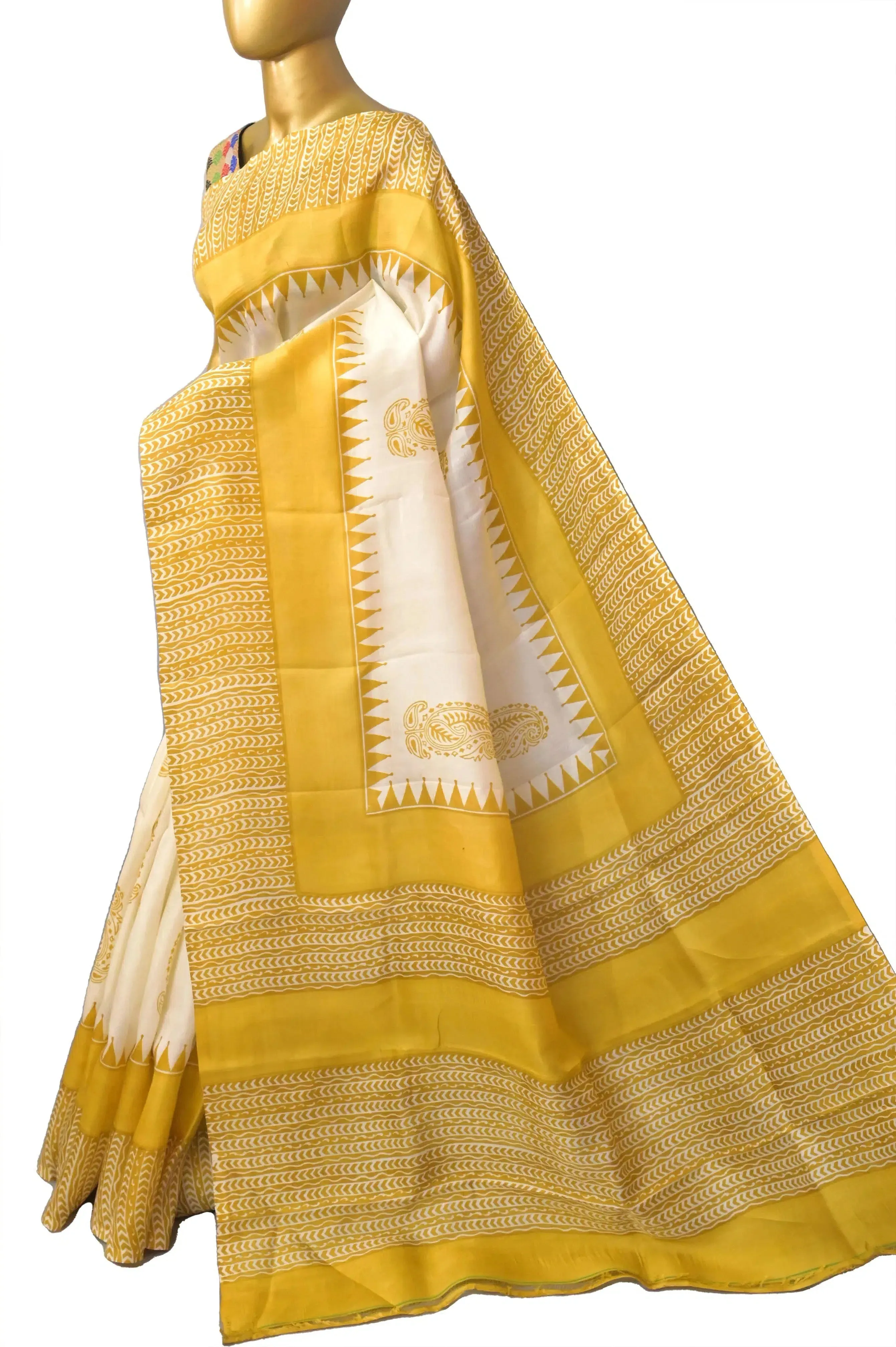 White and Yellow Color Pure Bishnupur Silk Saree with Block Print Work