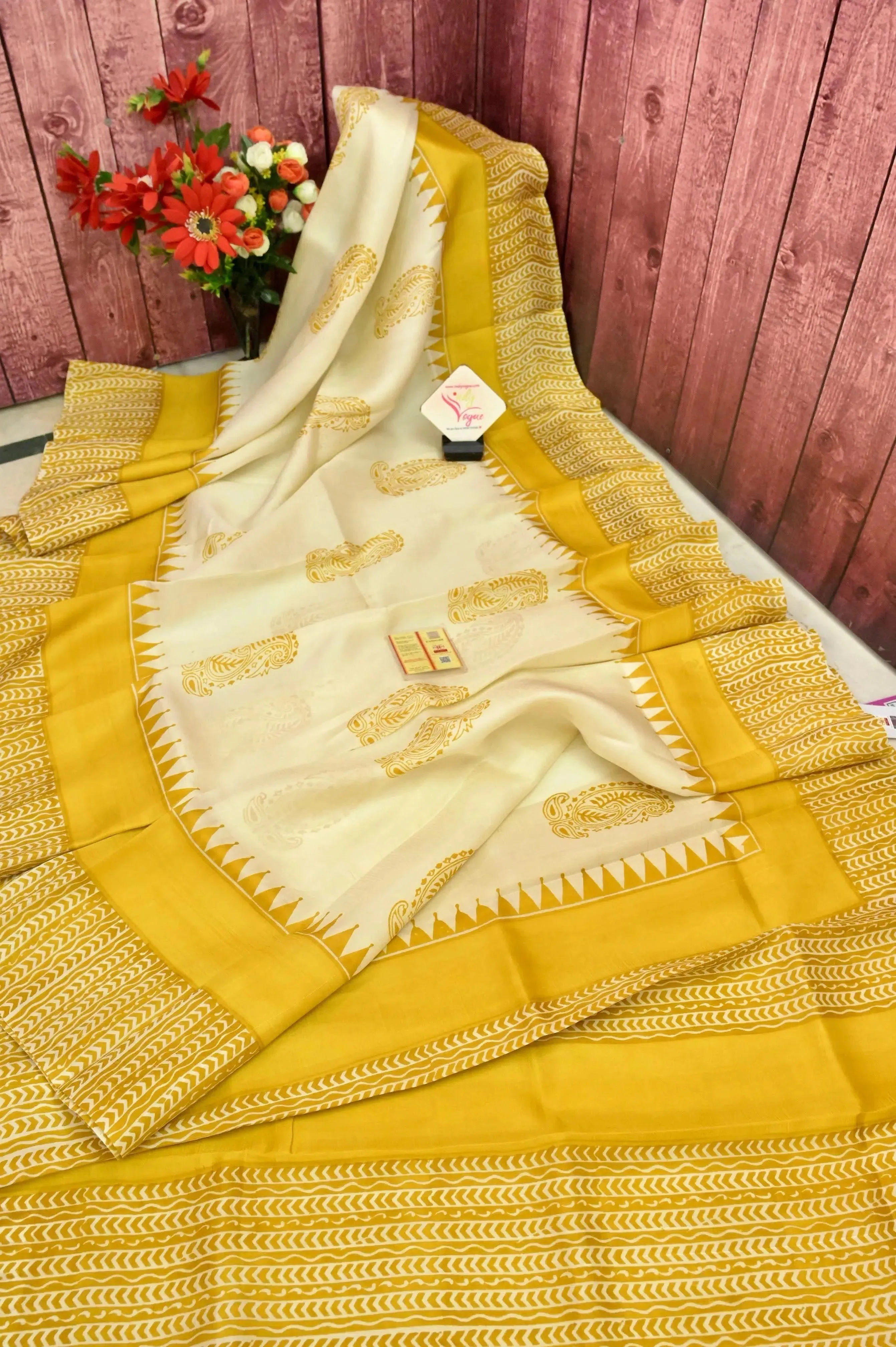 White and Yellow Color Pure Bishnupur Silk Saree with Block Print Work