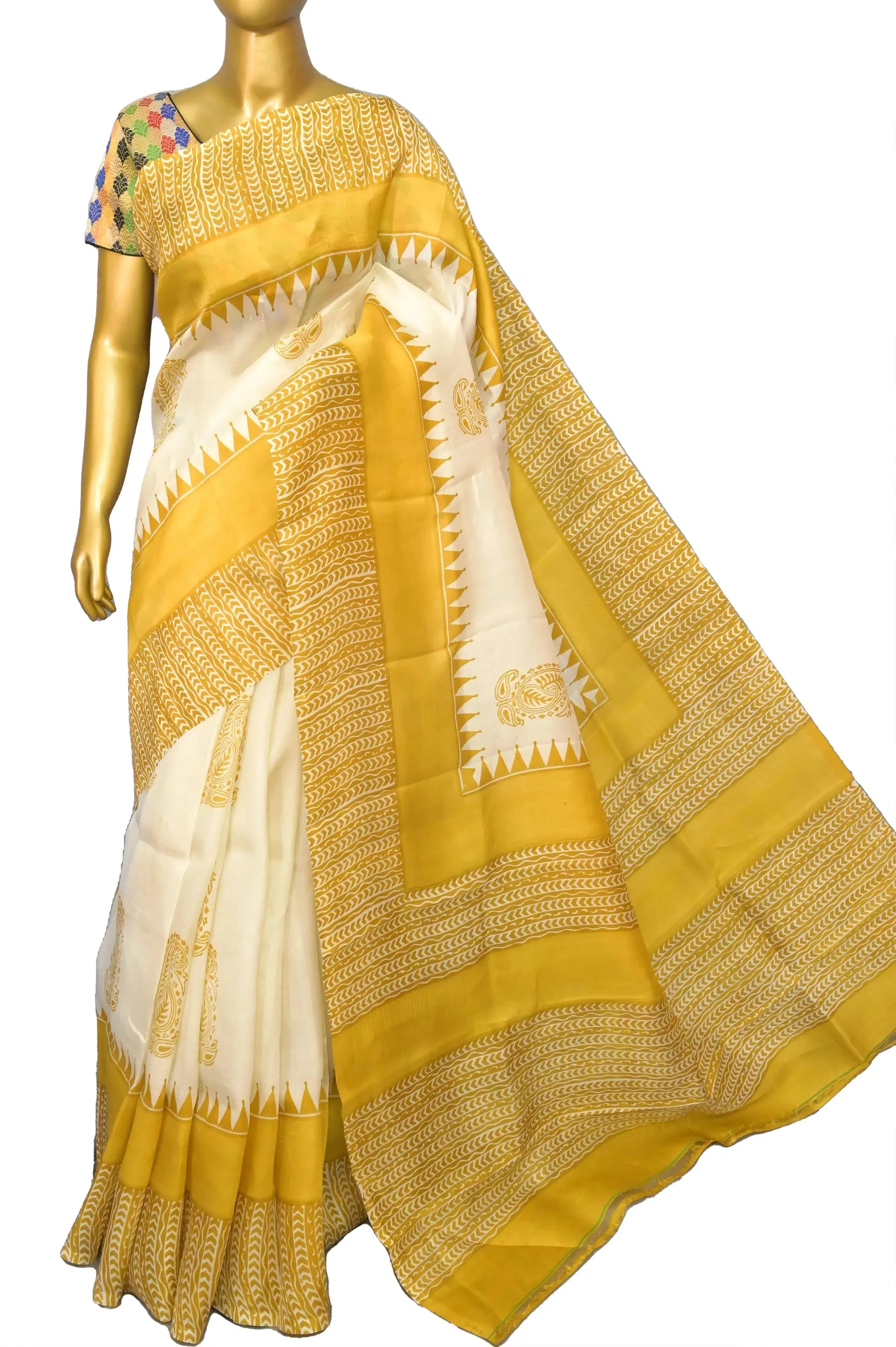 White and Yellow Color Pure Bishnupur Silk Saree with Block Print Work