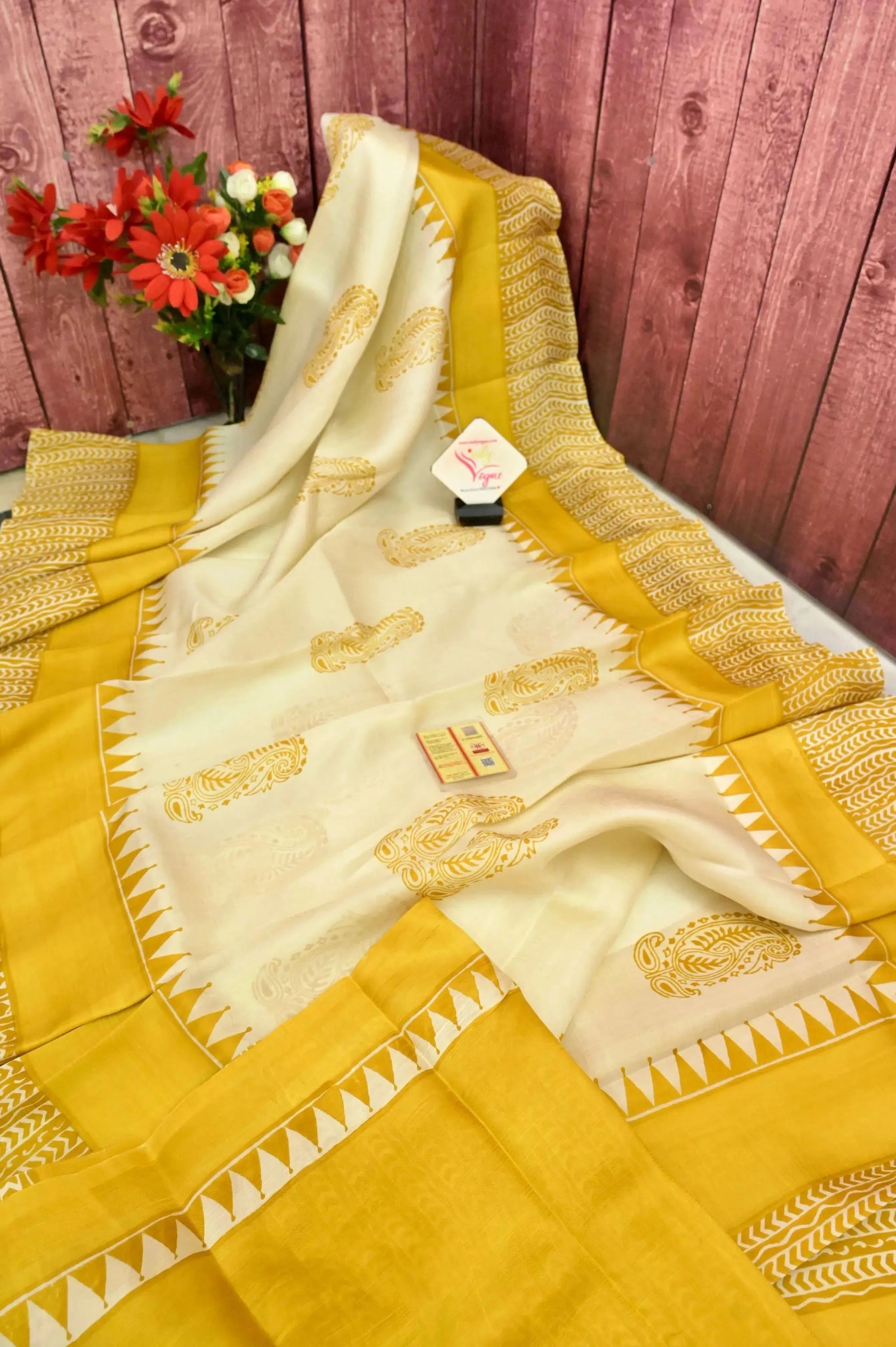 White and Yellow Color Pure Bishnupur Silk Saree with Block Print Work