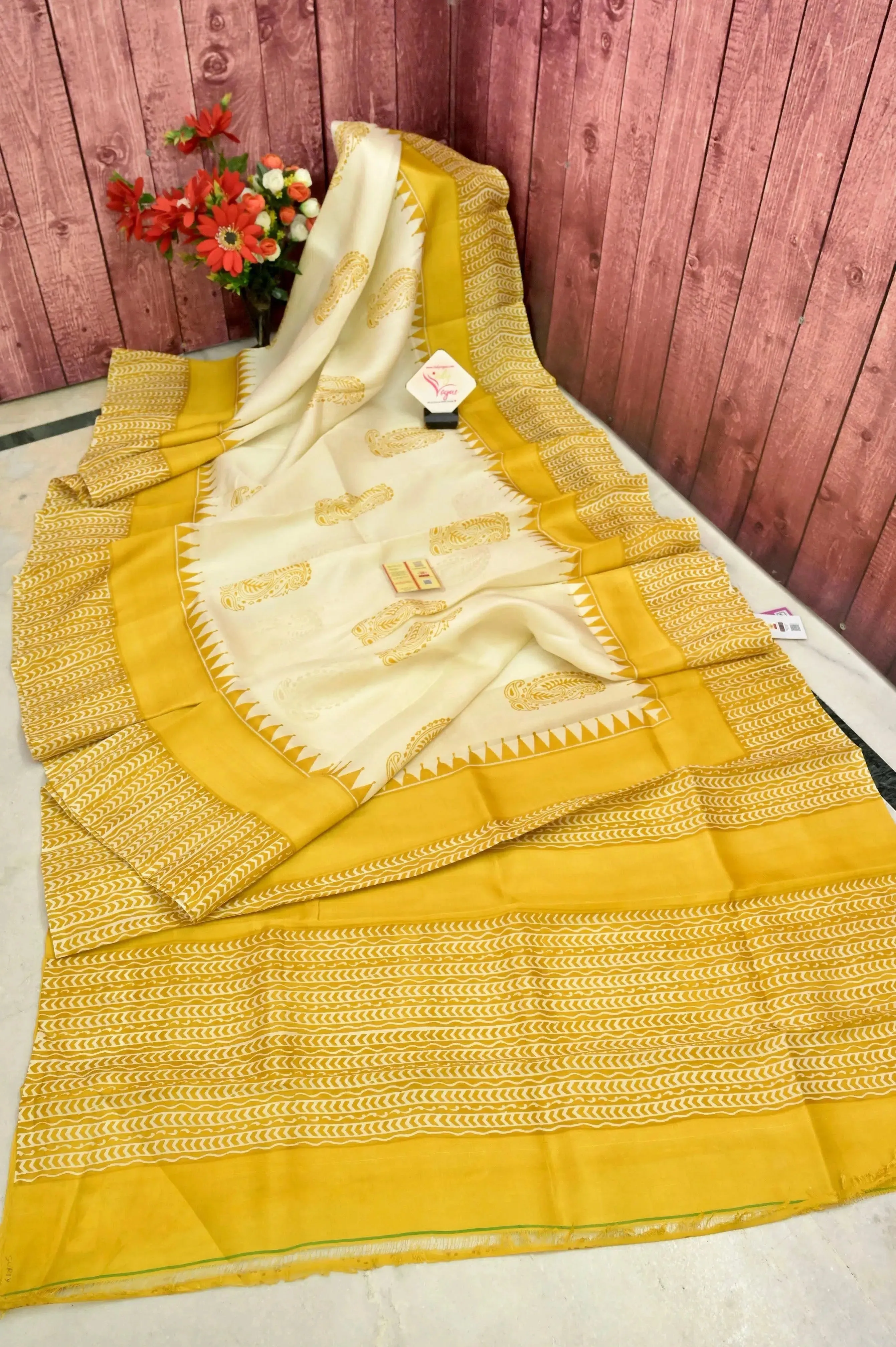 White and Yellow Color Pure Bishnupur Silk Saree with Block Print Work