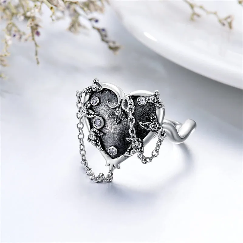 Witch Heart Ring 925 Sterling Silver Gothic Jewelry Goth Halloween Gifts for Women