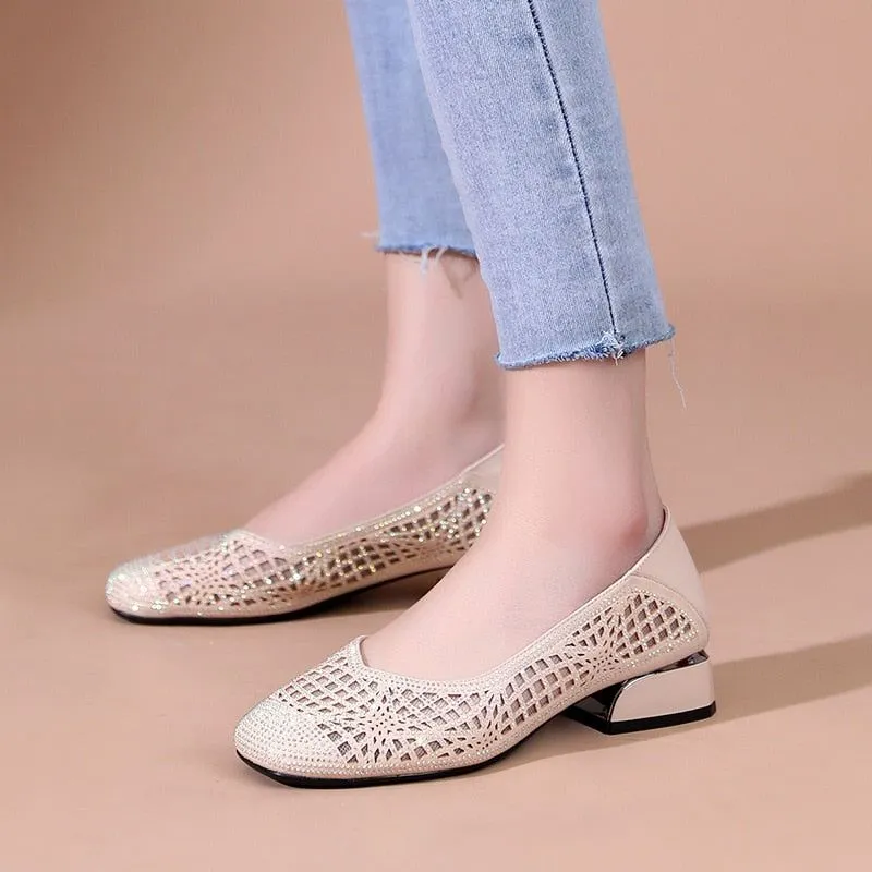 Women's Casual Shoes - Square Heel Hollow Leather Pumps (FM115)