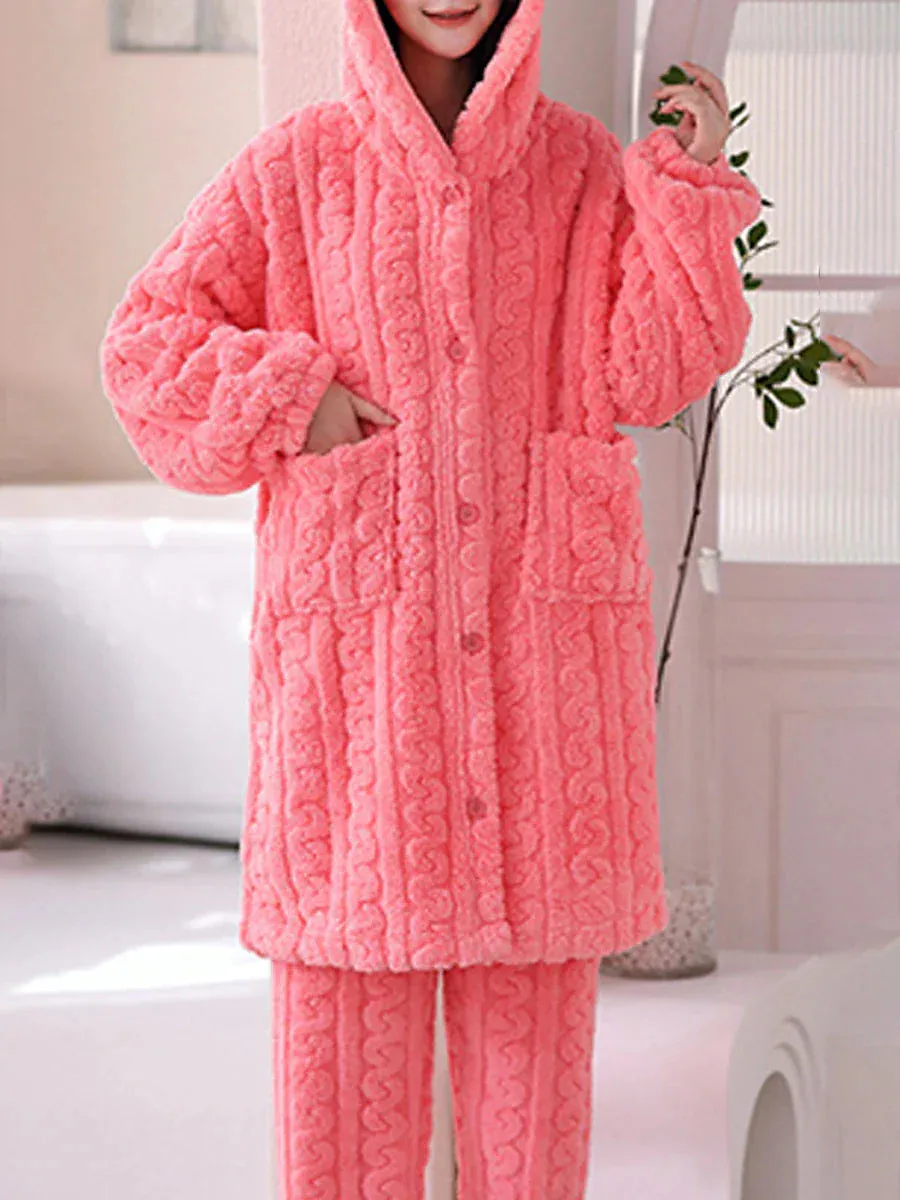 Yellow & Pink Warm Coral Fleece Women's Hooded Pajama Set