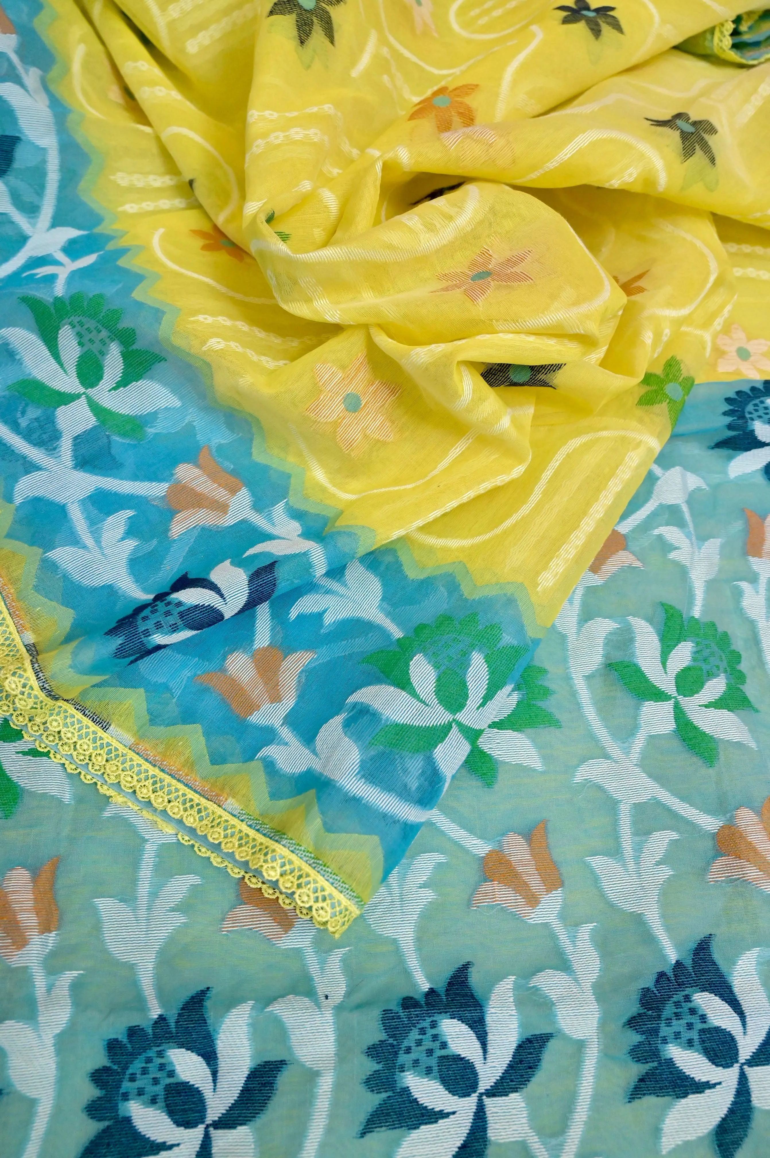 Yellow and Turquoise Blue Color Jamdani Saree with Lace Border